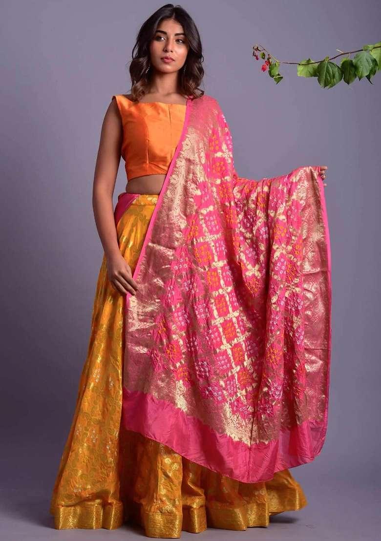 Yellow Gharchola And Bandhani Silk Blend Lehenga Set for Diwali | Wedding & Festive Wear - Indya
