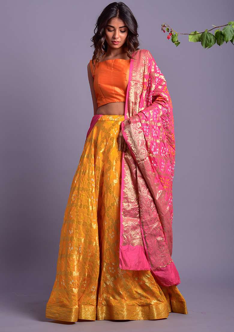 Yellow Gharchola And Bandhani Silk Blend Lehenga Set for Diwali | Wedding & Festive Wear - Indya