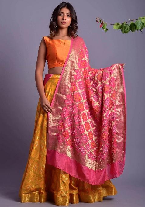 Yellow Gharchola And Bandhani Silk Lehenga Set