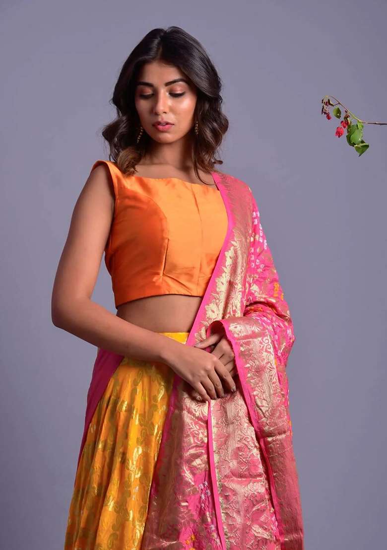 Yellow Gharchola And Bandhani Silk Blend Lehenga Set for Diwali | Wedding & Festive Wear - Indya
