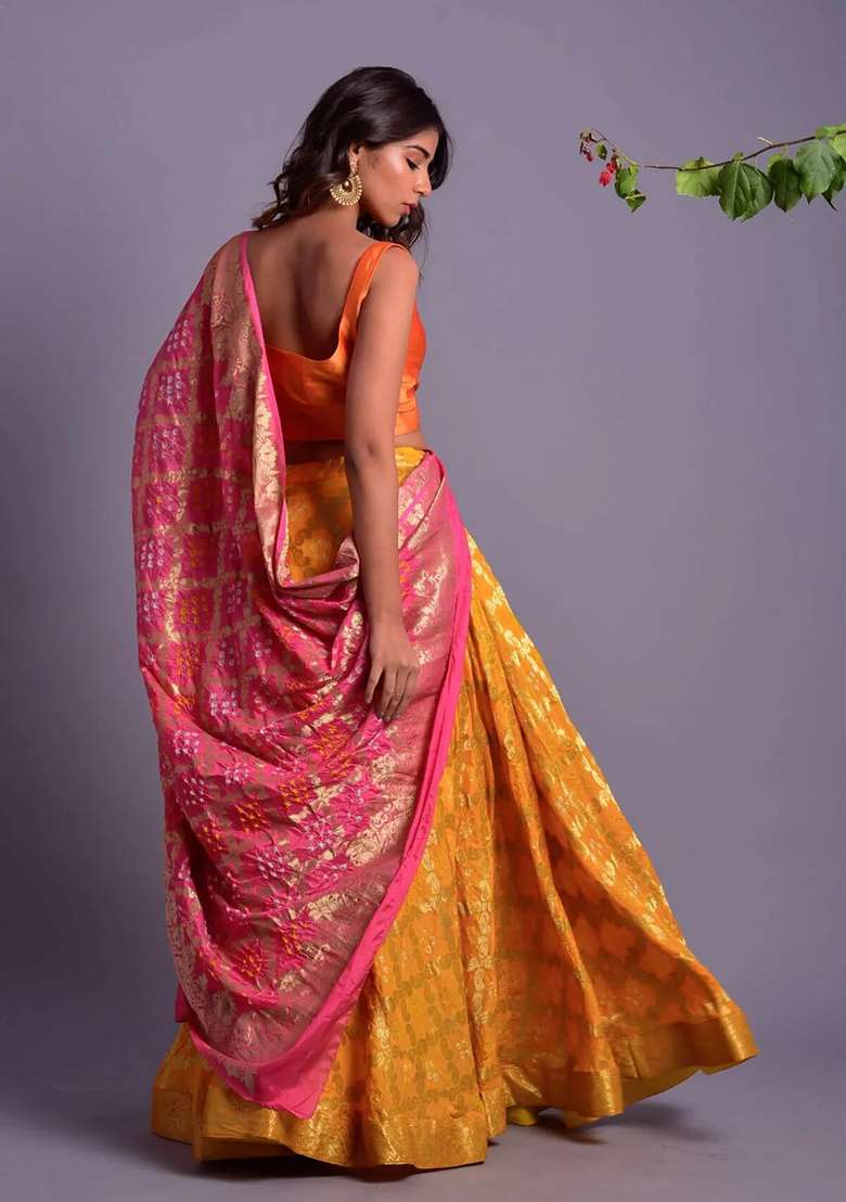 Yellow Gharchola And Bandhani Silk Blend Lehenga Set for Diwali | Wedding & Festive Wear - Indya