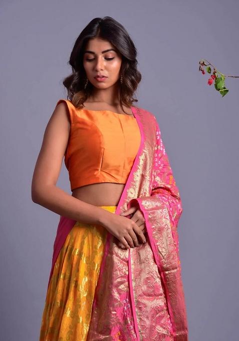 Yellow Gharchola And Bandhani Silk Lehenga Set