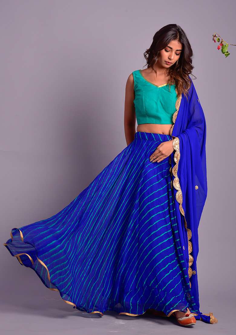 Blue Leheriya Cotton Lehenga Set for Diwali and Festive Wear - Indya