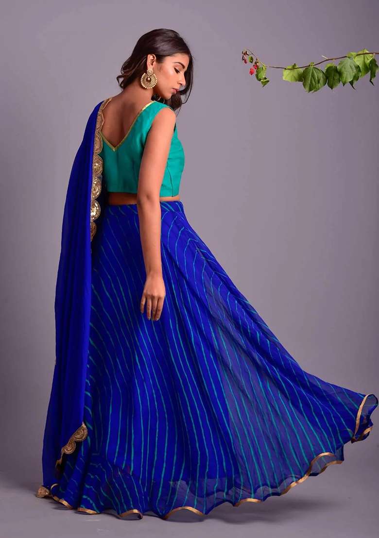 Blue Leheriya Cotton Lehenga Set for Diwali and Festive Wear - Indya