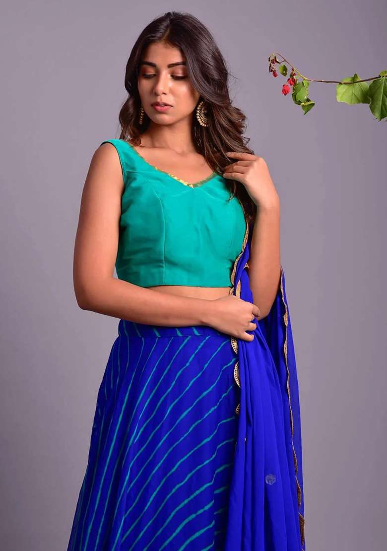 Blue Leheriya Cotton Lehenga Set for Diwali and Festive Wear - Indya