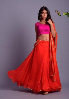 Orange Leheriya Cotton Lehenga Set