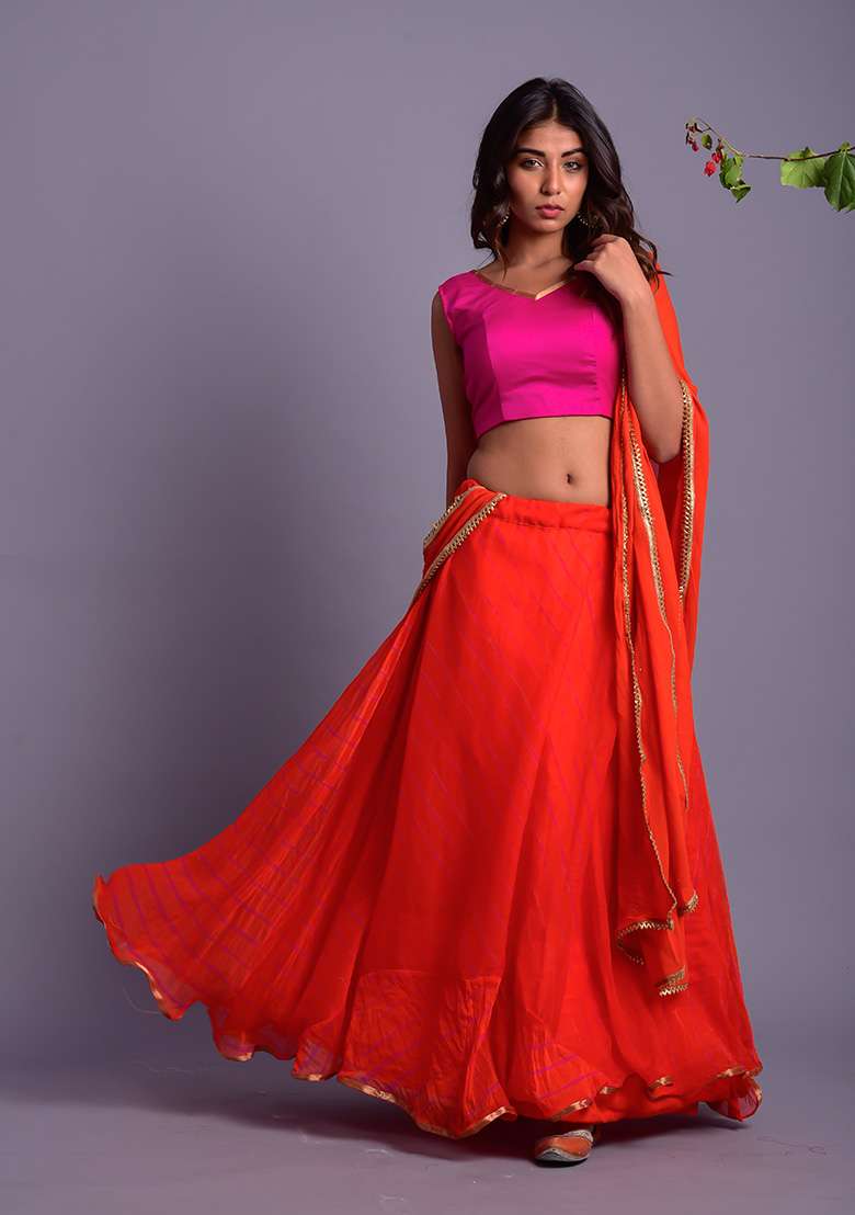 Orange Leheriya Cotton Lehenga Set for Diwali | Wedding & Festive Wear - Indya