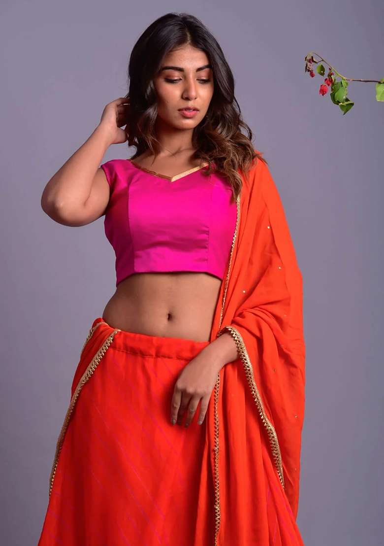 Orange Leheriya Cotton Lehenga Set for Diwali | Wedding & Festive Wear - Indya