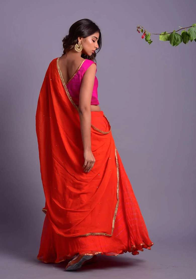 Orange Leheriya Cotton Lehenga Set for Diwali | Wedding & Festive Wear - Indya