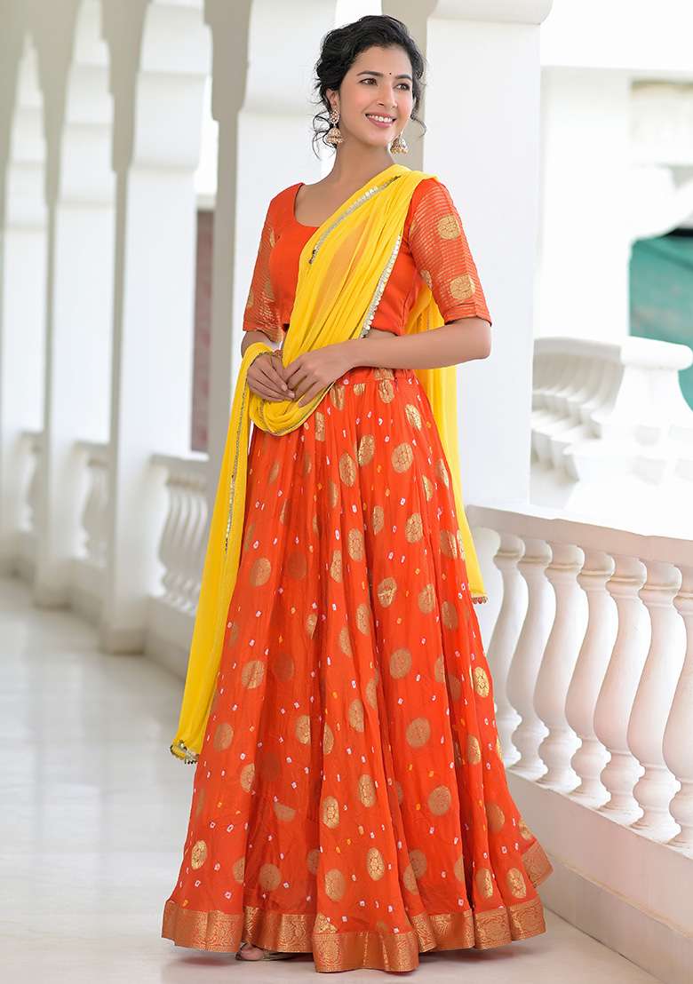 Orange Bandhani Silk Blend Lehenga Set for Diwali | Wedding & Festive Wear - Indya