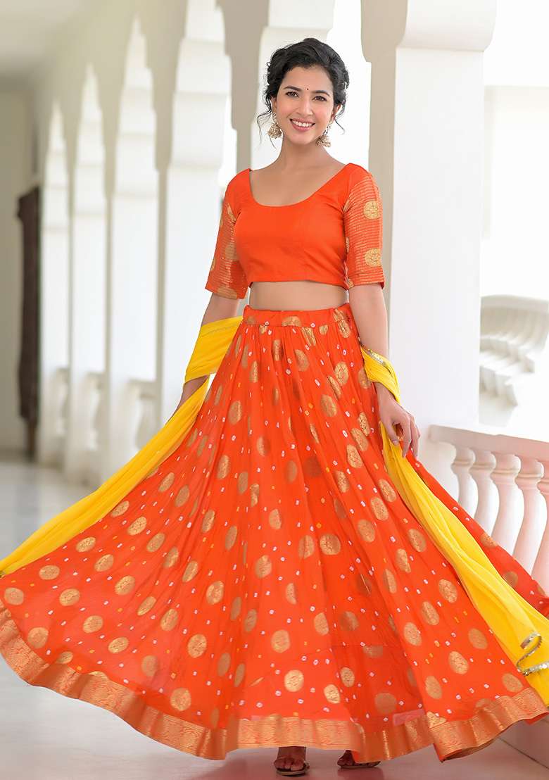 Orange Bandhani Silk Blend Lehenga Set for Diwali | Wedding & Festive Wear - Indya