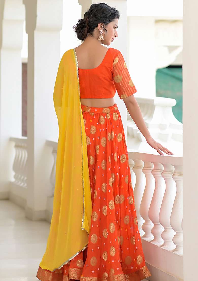 Orange Bandhani Silk Blend Lehenga Set for Diwali | Wedding & Festive Wear - Indya