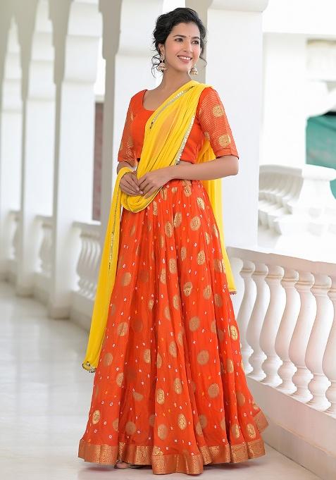 Orange Bandhani Silk Lehenga Set