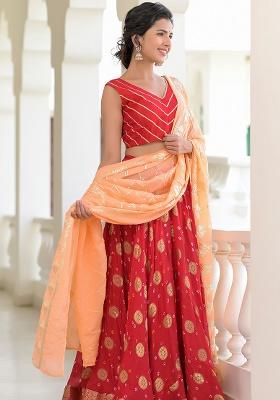 Red Motif And Bandhani Silk Lehenga Set