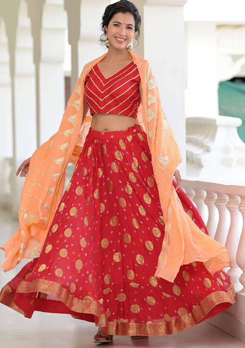 Red Motif And Bandhani Silk Blend Lehenga Set for Diwali and Festive Wear - Indya