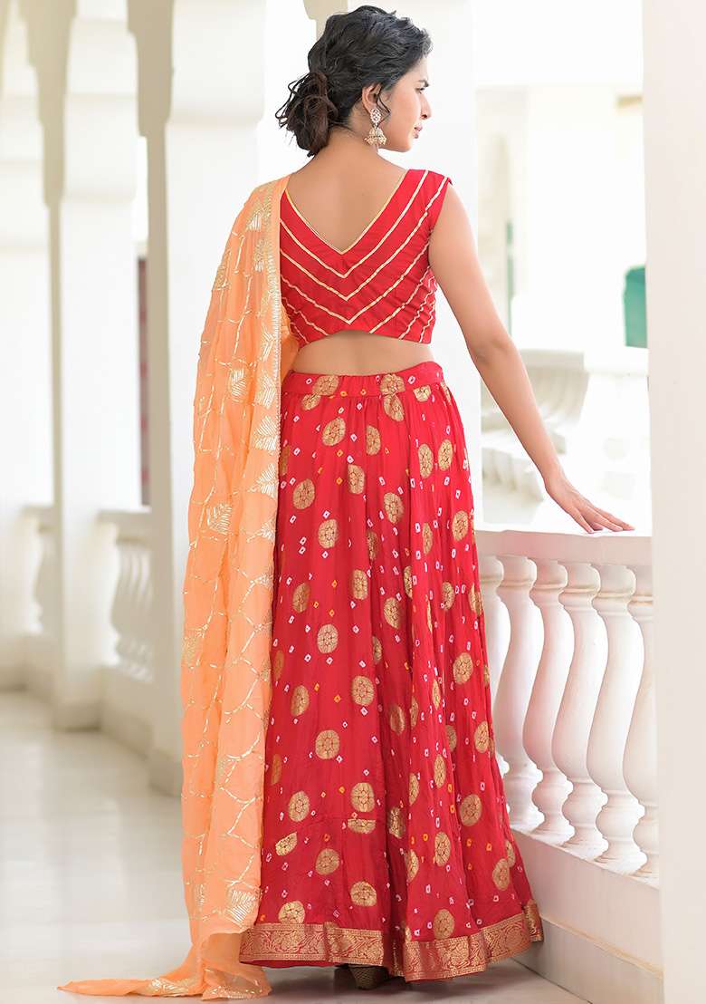 Red Motif And Bandhani Silk Blend Lehenga Set for Diwali and Festive Wear - Indya