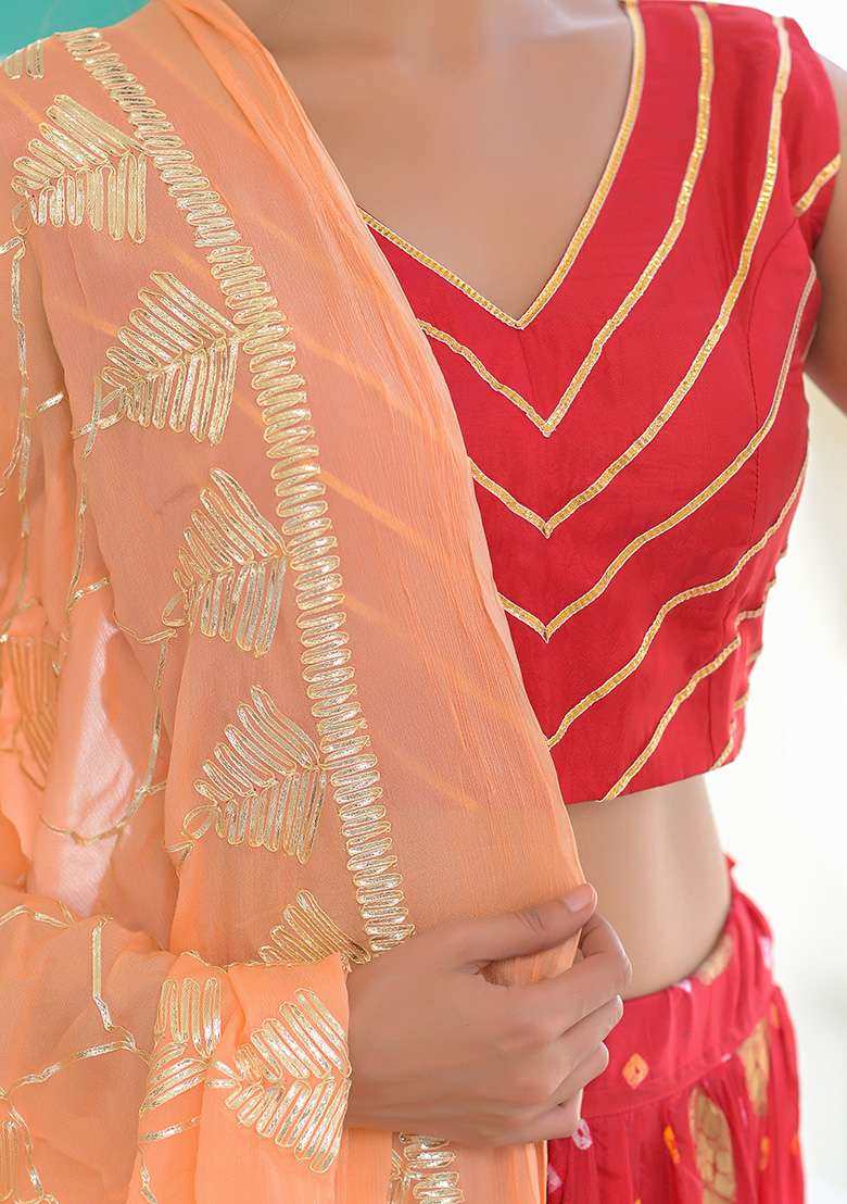 Red Motif And Bandhani Silk Blend Lehenga Set for Diwali and Festive Wear - Indya