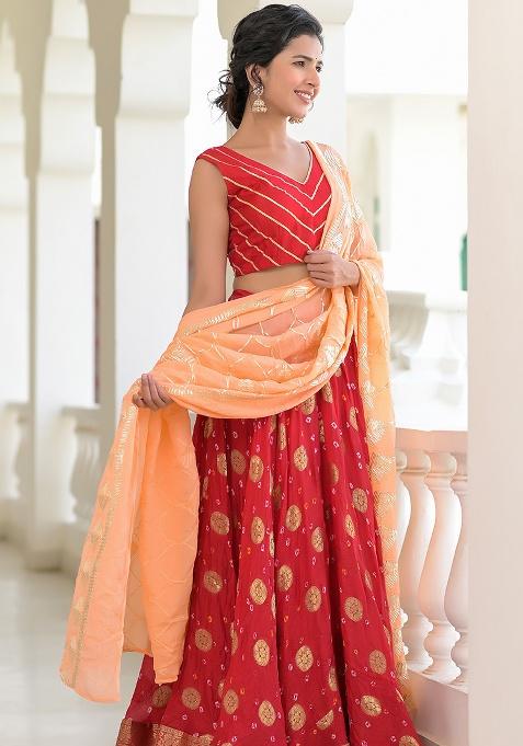 Red Motif And Bandhani Silk Lehenga Set