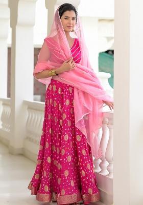 Magenta Motif And Bandhani Silk Blend Lehenga Set