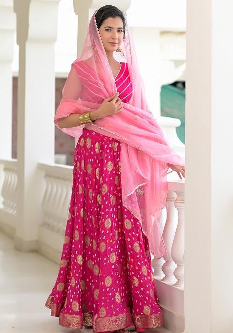 Magenta Motif And Bandhani Silk Lehenga Set