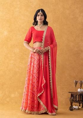 Coral Red Bandhani Silk Lehenga Set