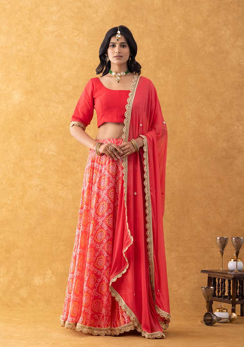 Coral Red Bandhani Silk Blend Lehenga Set for Diwali and Festive Wear - Indya