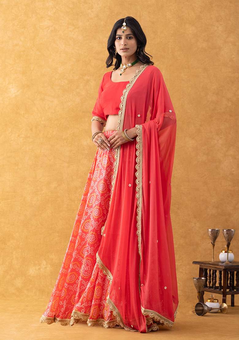Coral Red Bandhani Silk Blend Lehenga Set for Diwali and Festive Wear - Indya