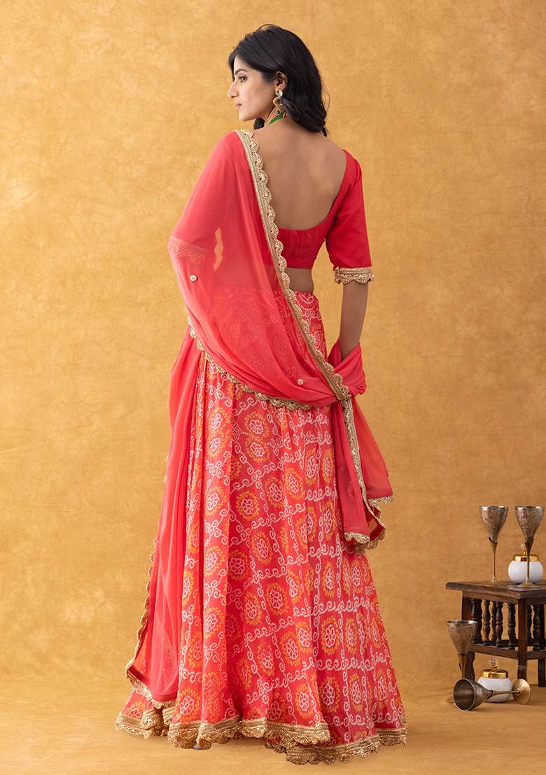 Coral Red Bandhani Silk Blend Lehenga Set for Diwali and Festive Wear - Indya
