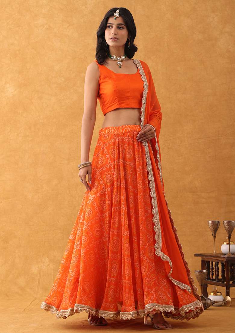 Orange Embroidery Silk Blend Lehenga Set for Diwali and Festive Wear - Indya