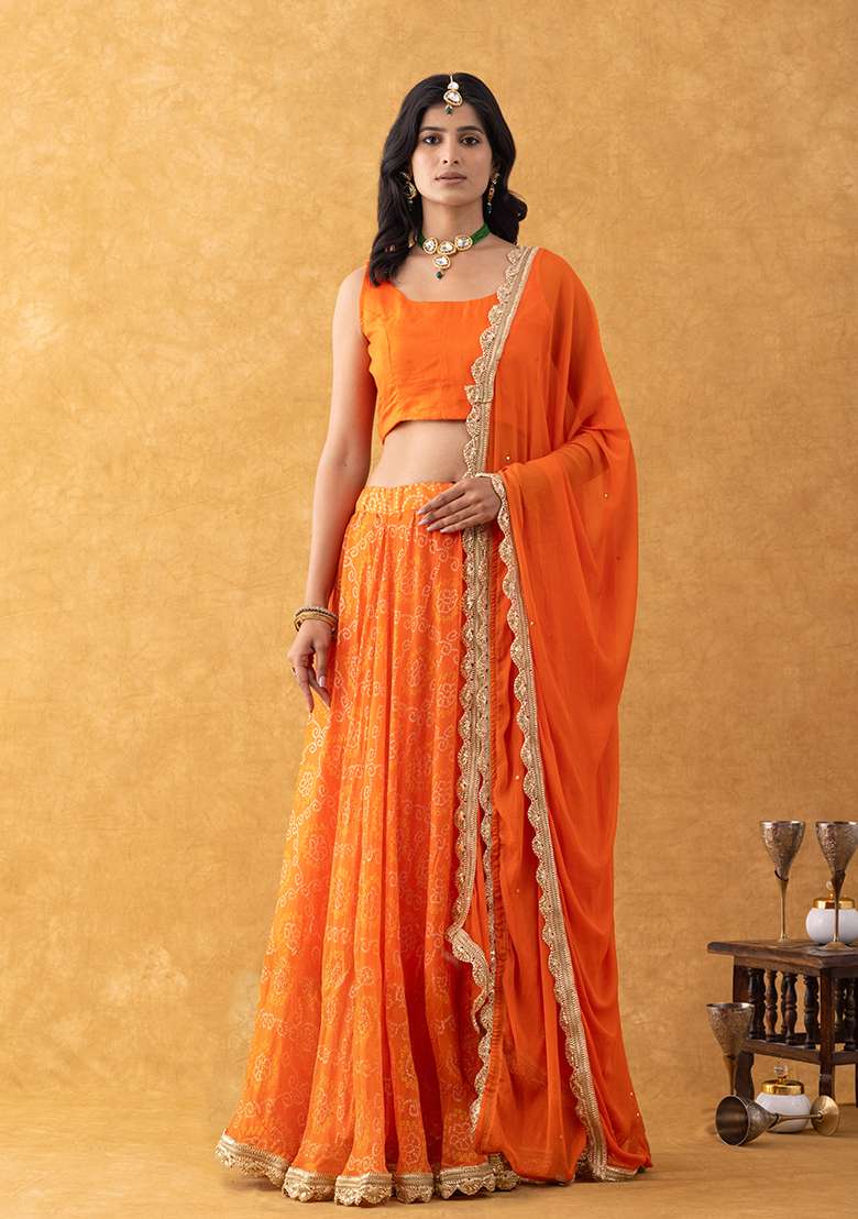 Orange Embroidery Silk Blend Lehenga Set for Diwali and Festive Wear - Indya