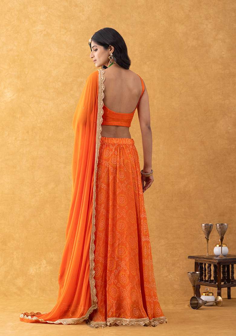 Orange Embroidery Silk Blend Lehenga Set for Diwali and Festive Wear - Indya