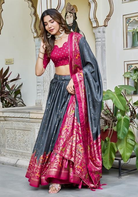 Multicolor Minakari With Foil Print Silk Lehenga Set
