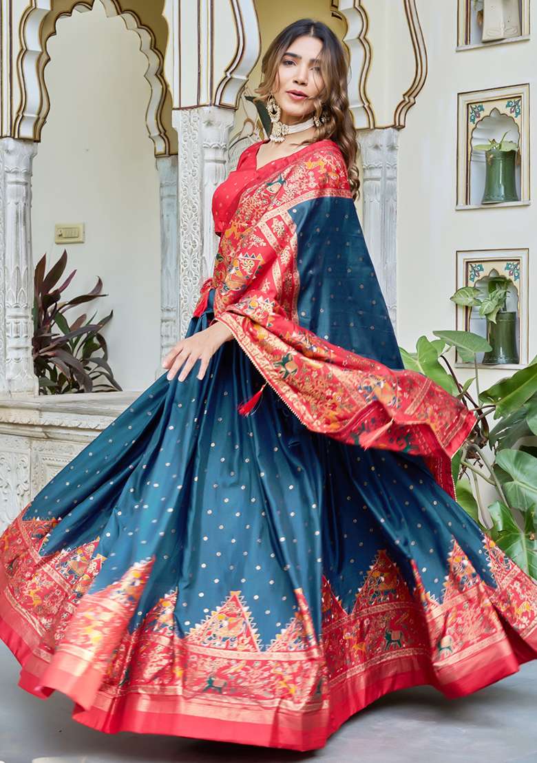 Multicolor Minakari With Foil Print Silk Lehenga Set for Diwali and Festive Wear - Indya
