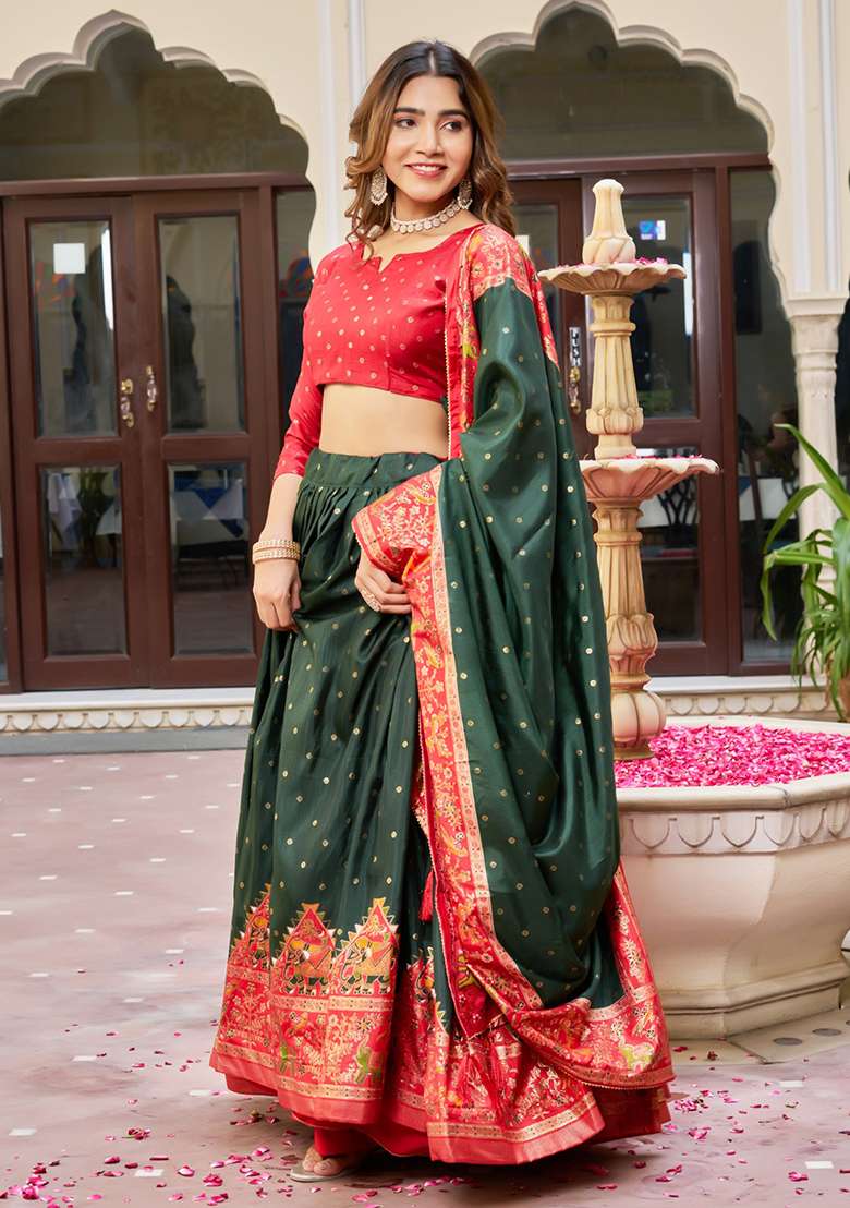 Multicolor Minakari With Silk Lehenga Set with Foil Print for Diwali | Wedding & Festive Wear - Indya