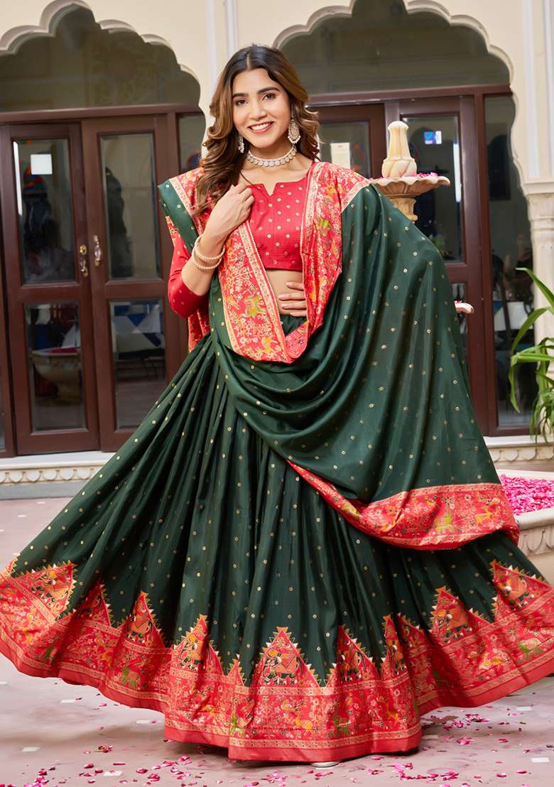 Multicolor Minakari With Silk Lehenga Set with Foil Print for Diwali | Wedding & Festive Wear - Indya