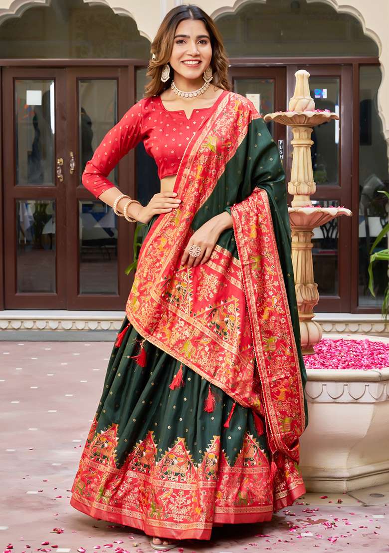 Multicolor Minakari With Silk Lehenga Set with Foil Print for Diwali | Wedding & Festive Wear - Indya