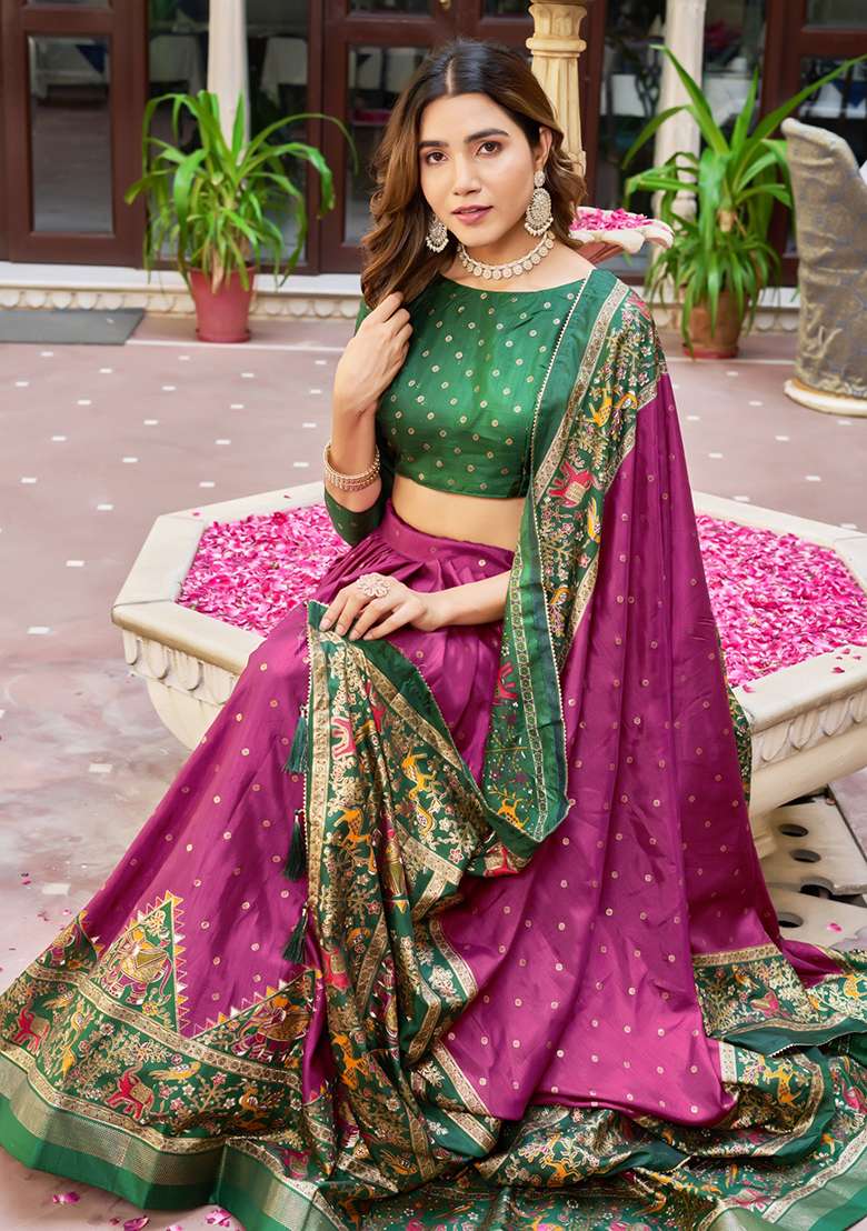 Multicolor Minakari With Silk Lehenga Set with Foil Print for Diwali | Wedding & Festive Wear - Indya