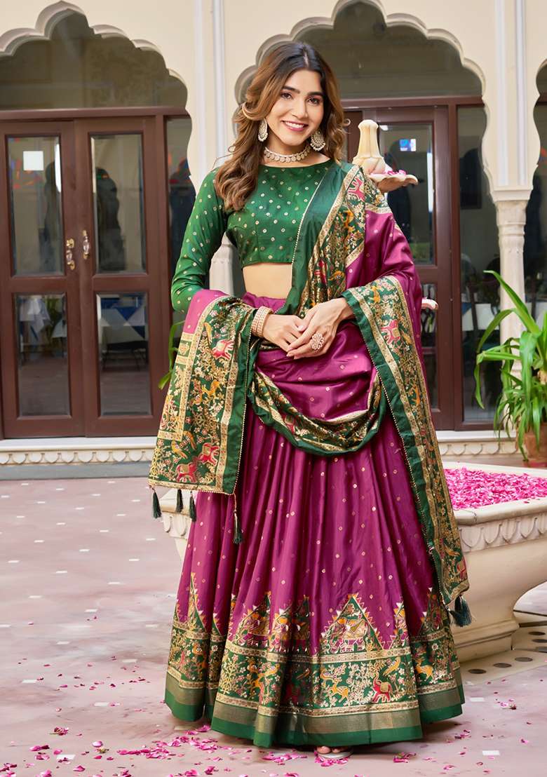 Multicolor Minakari With Silk Lehenga Set with Foil Print for Diwali | Wedding & Festive Wear - Indya
