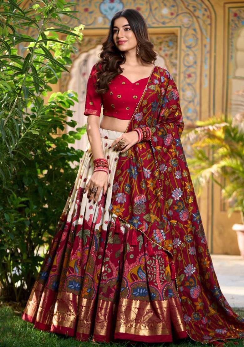 Multicolor Minakari With Foil Print Silk Lehenga Set for Diwali and Festive Wear - Indya
