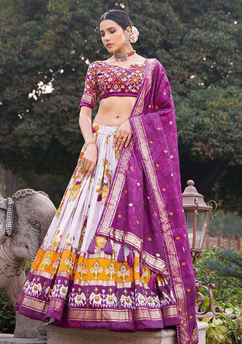 Multicolor Minakari With Foil Print Silk Lehenga Set for Diwali and Festive Wear - Indya