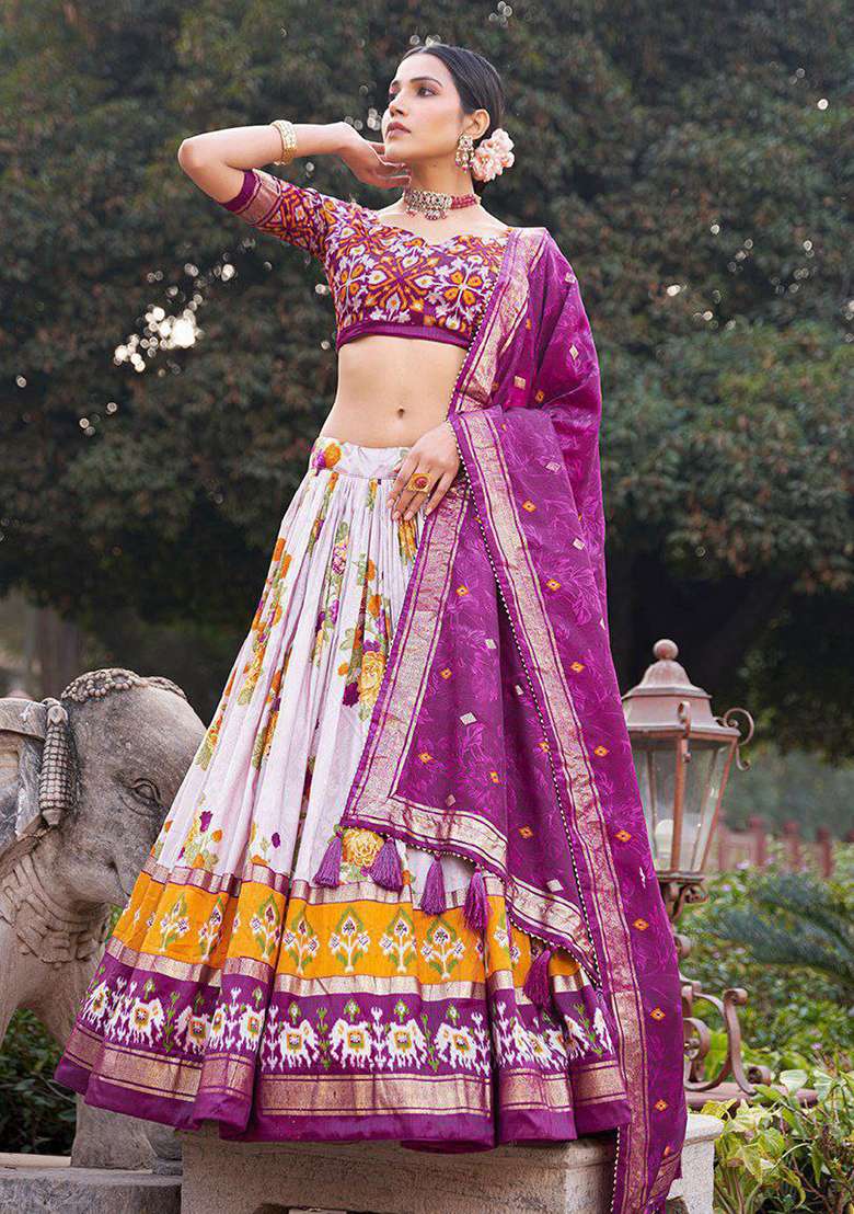 Multicolor Minakari With Foil Print Silk Lehenga Set for Diwali and Festive Wear - Indya