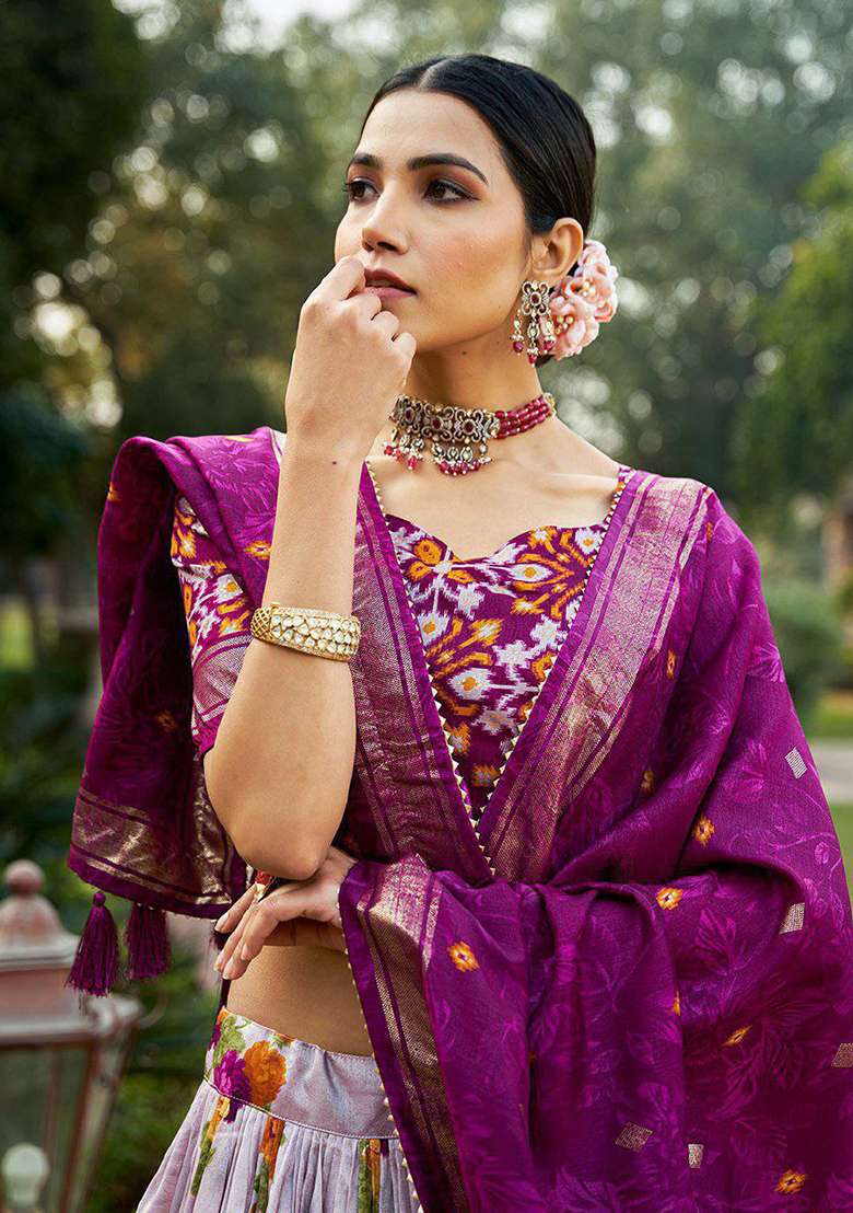 Multicolor Minakari With Foil Print Silk Lehenga Set for Diwali and Festive Wear - Indya