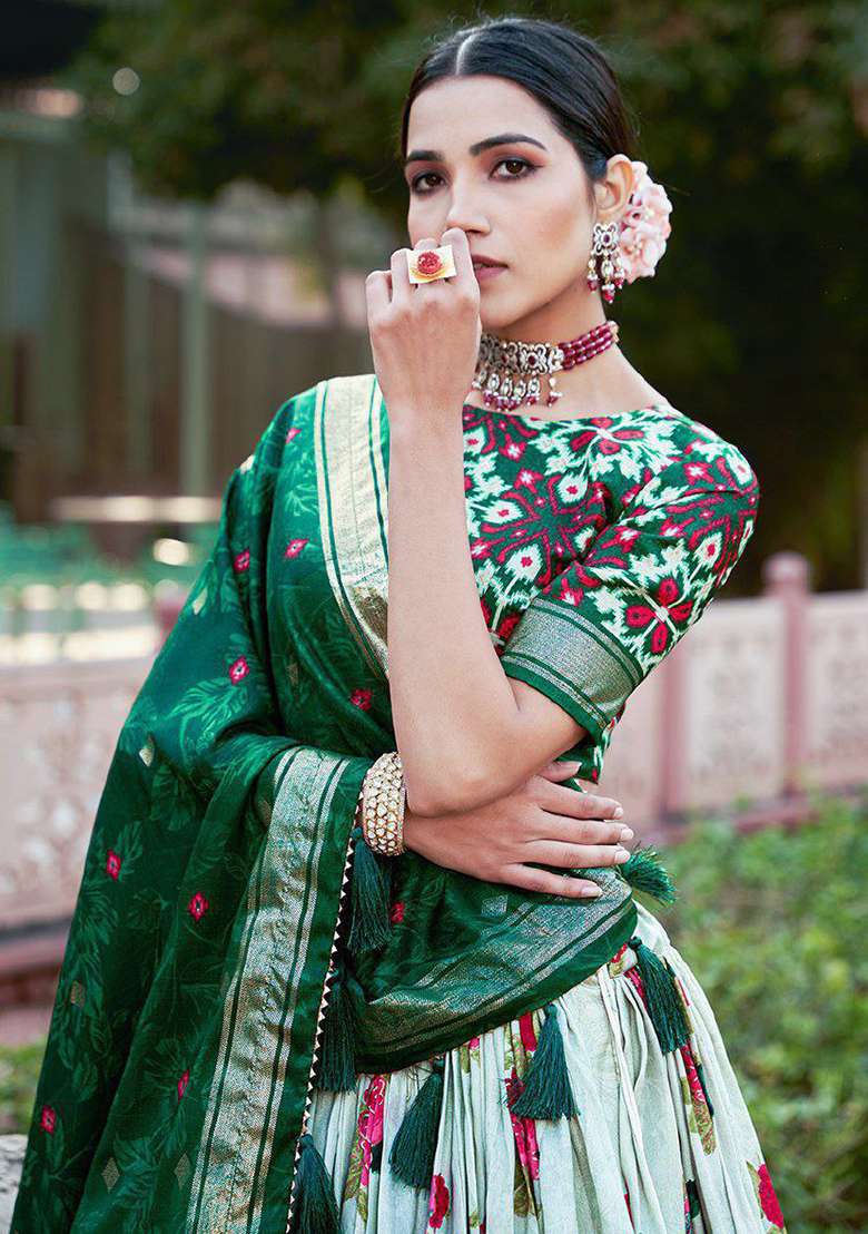 Multicolor Minakari With Silk Lehenga Set with Foil Print for Diwali | Wedding & Festive Wear - Indya