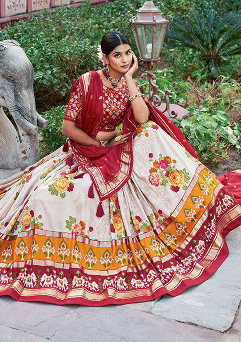 Multicolor Minakari With Foil Print Silk Lehenga Set for Diwali and Festive Wear - Indya