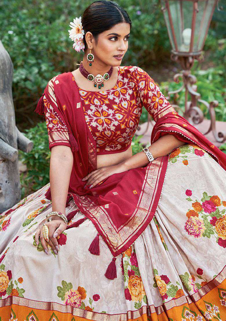 Multicolor Minakari With Foil Print Silk Lehenga Set for Diwali and Festive Wear - Indya