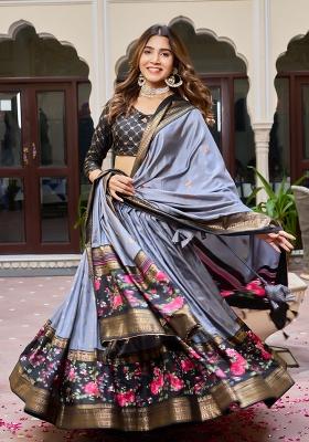 Multicolor Minakari With Foil Print Silk Lehenga Set