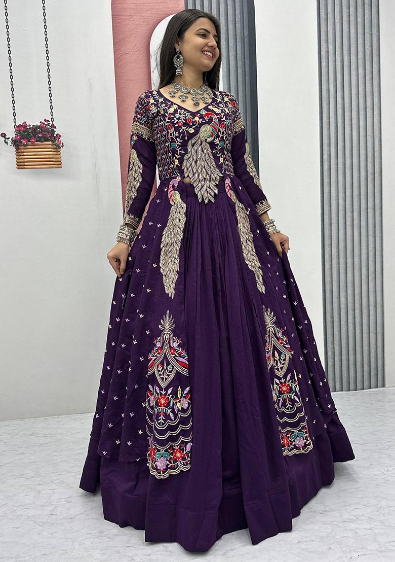 Purple Embroidery Vichitra Lehenga Set - Indya