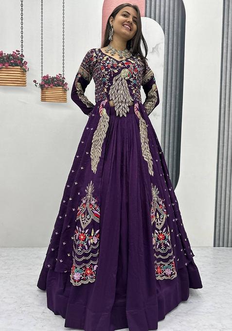 Purple Embroidery Vichitra Lehenga Set