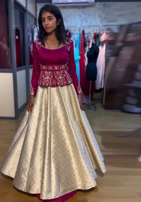 Drak Pink Embroidery Chinon Lehenga Set