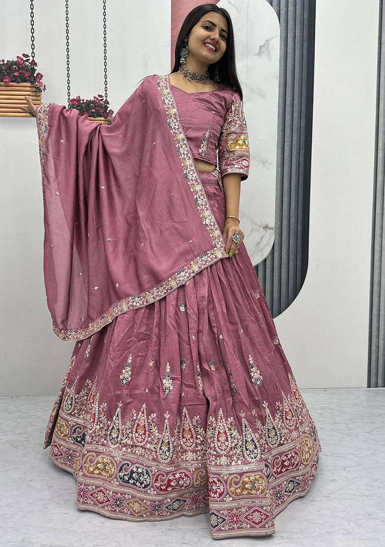 Pink Vichitra Lehenga Set with Embroidery for Diwali | Wedding & Festive Wear - Indya
